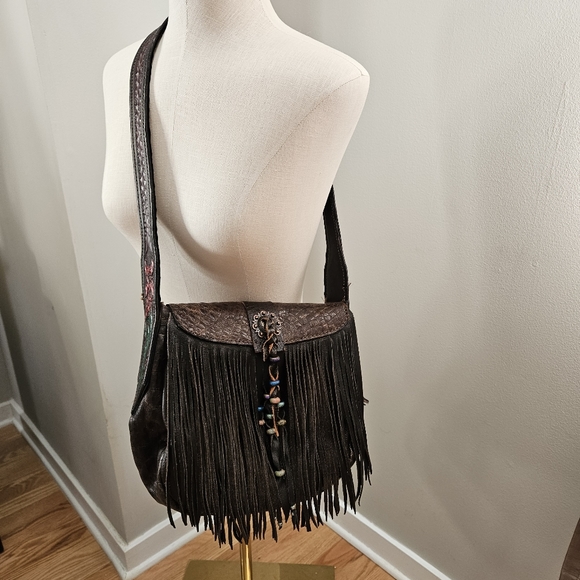 Vintage 70s Tooled Leather Braided Shoulder Strap Fringe Saddle Bag Purse - Picture 2 of 8